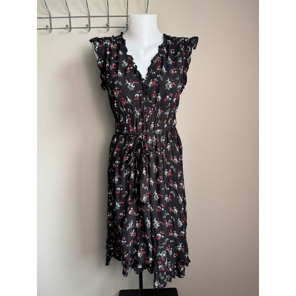 Suzy Shier Floral Ruffle Cap Sleeve Midi Dress M Cottagecore Boho Black Prairie